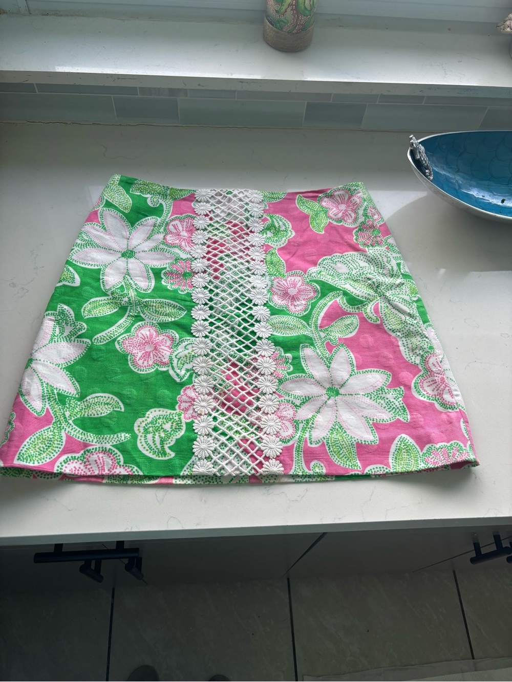 Lilly Pulitzer Pink & Green Floral Crochet-Trim Mini Skirt